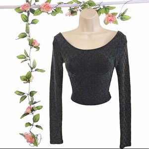 Arden B Long Sleeve Black and Silver Diamond Detail Crop Top Womens Size Small